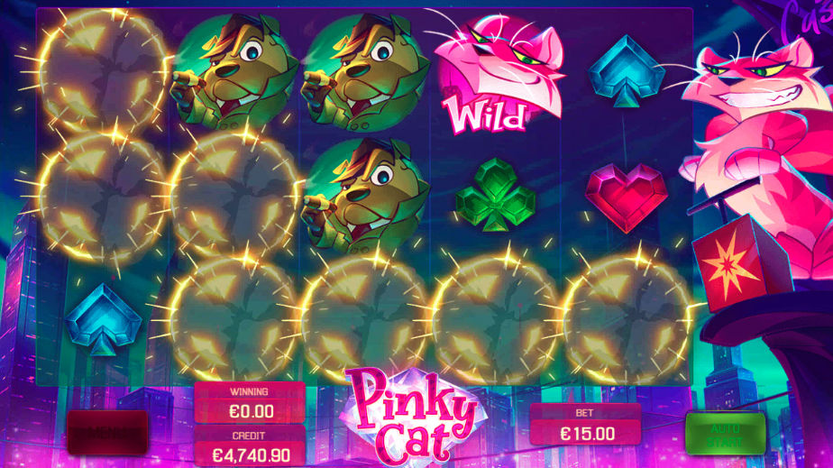 Kaskádový efekt na automate Pinky Cat od Apollo Games